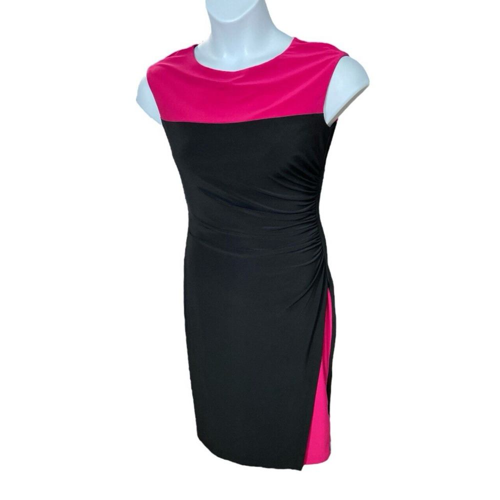 CHAPS Colorblock Dress Stretchy Ruched Side Small Fuchsia Black